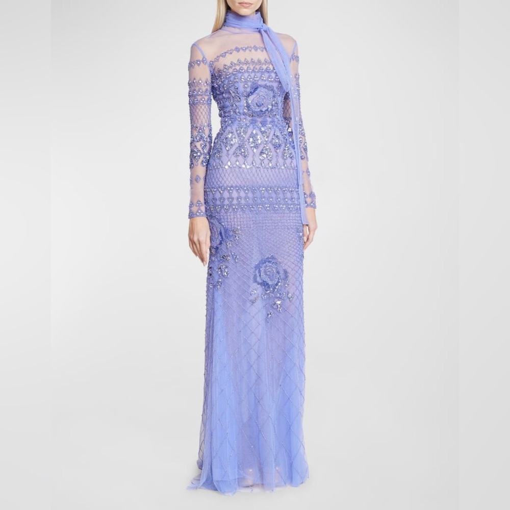 Zuhair Murad Garden Rose Beaded Scarf-Neck Trumpet Gown